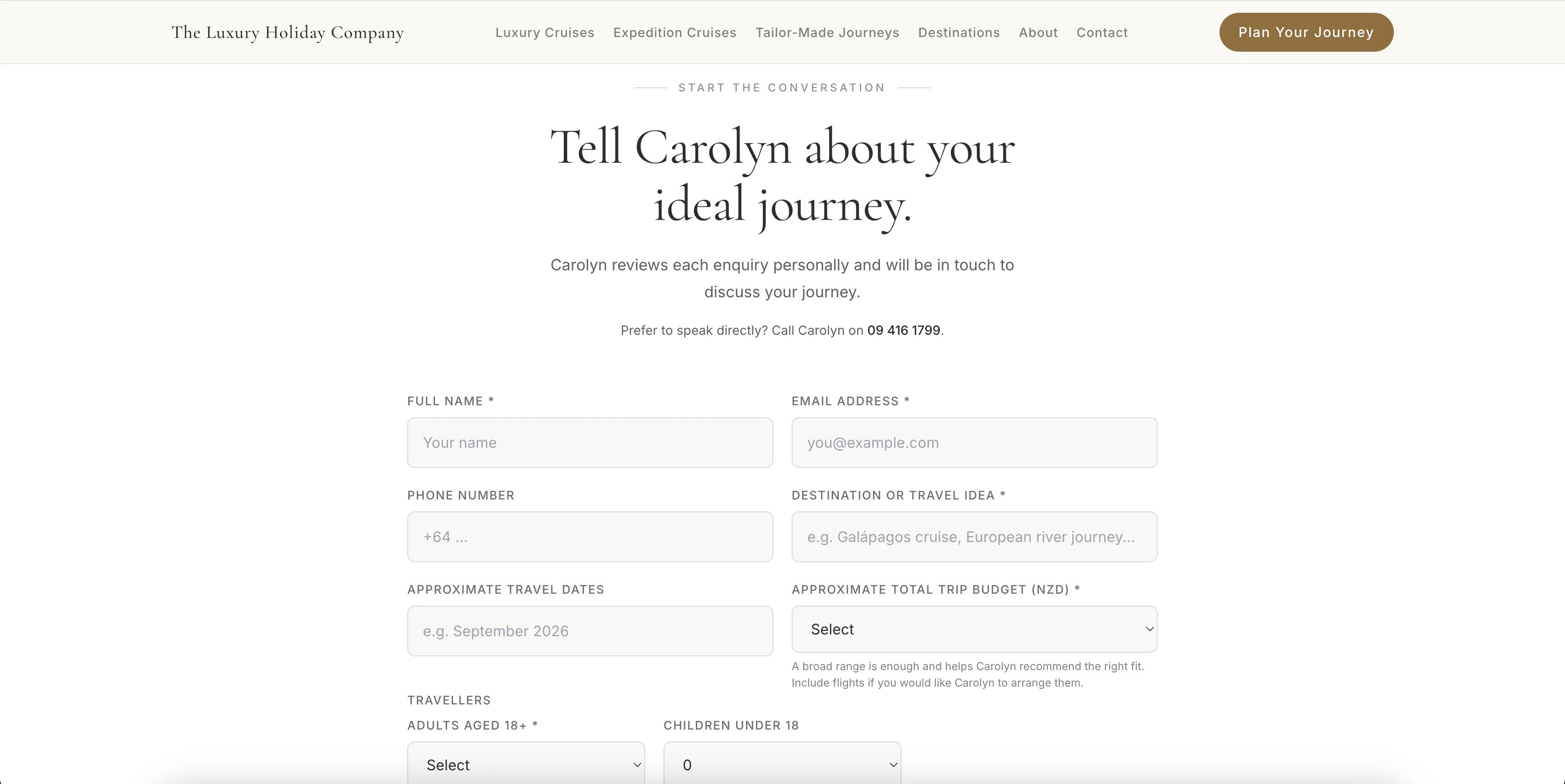 The Luxury Holiday Company enquiry form designed by KezConcepts
